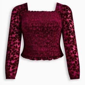 Torrid Burgundy Velvet Floral Squareneck Blouson Sleeve Smocked Top NWT